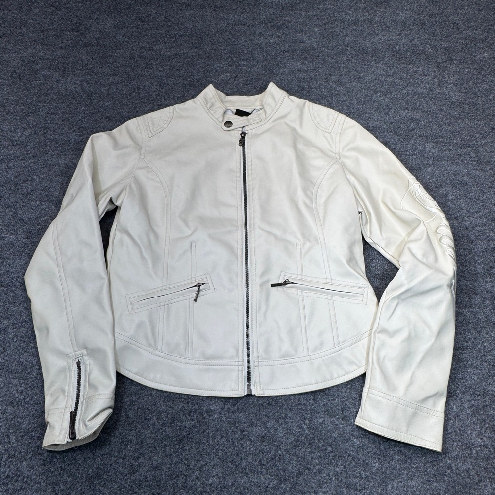 Vintage FUBU Ladies Collection Moto Jacket Womens Large White Faux Leather Y2K